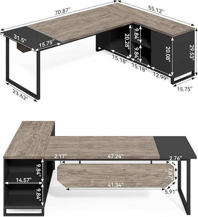 LITTLE TREE 70.8 Inches Executive Desk and 55 Inches File Cabinet Combo Large L Shaped Computer Desk with Storage Cabinet and Shelves Modern Business Furniture for Home Office Grey &amp Black