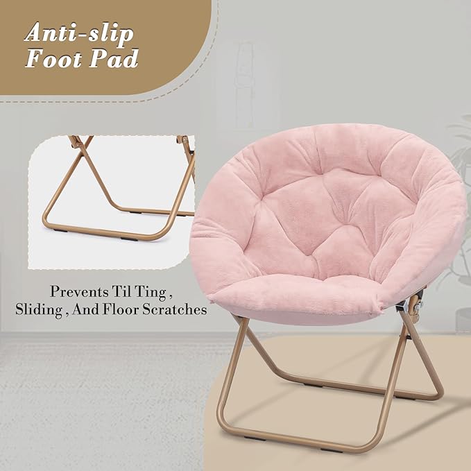 Athena Collection Round Saucer Chair with Ottoman Set for Adults Oversize Comfy Cozy Faux Fur Folding Reading Chair with Metal Leg Lazy Relaxing for Living Room Bedroom Dorm Apartment Pink