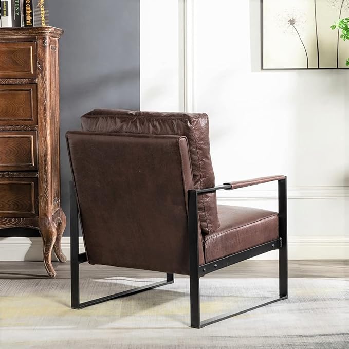 Classic Mid Century Modern Accent Chair with Square Metal e Armchair for Living Room Bedroom Home Office in Spotted Microfiber Upholstery Dark Brown