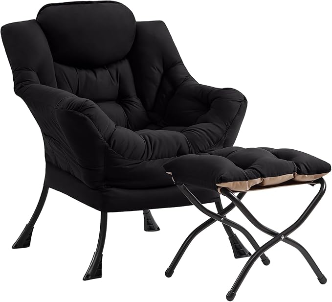 Cozy Lazy Chair and Ottoman Large Peach Black Contemporary Accent Chair Set Leisure Upholstered Reading Armchair for Office Bedroom Living Room Dorm Rooms Balcony