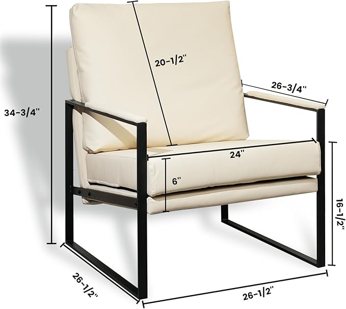 CONSDAN StoneCreek Accent Chair Modern Armchair with Metal Frame Leather Single Sofa Chair with Thick Padded Backrest Upholstered Lounge Chair for Living Room Bedroom Pale Cream White