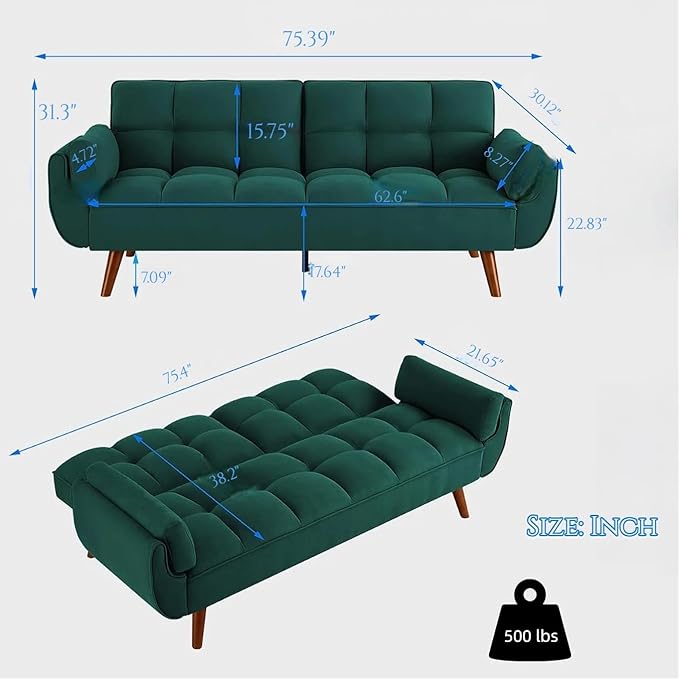 Convertible Futon Sofa Bed Modern Futon Couch with 2 Pillows Small Futons Couch with Adjustable Armrest &amp Backrest Loveseat Sofa Bed for Living Room Bedroom Green
