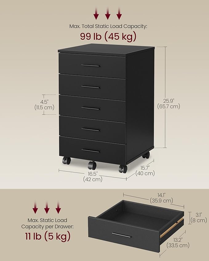 VASAGLE File Cabinet Mobile Pedestal Filing Cabinet with Wheels Printer Stand with 5 Drawers Tool-Free Sliding Rails for Study Home Office Ink Black UOFC081BC02