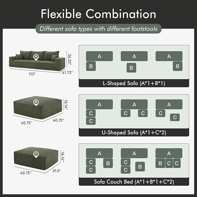 113 Modular Sectional Couch Cloud Boneless Sofa with Deep Seats Upholstered Corduroy Sofa Bed with Loung Chaise 3-Seater Couches for Living Room No Assembly Required Green