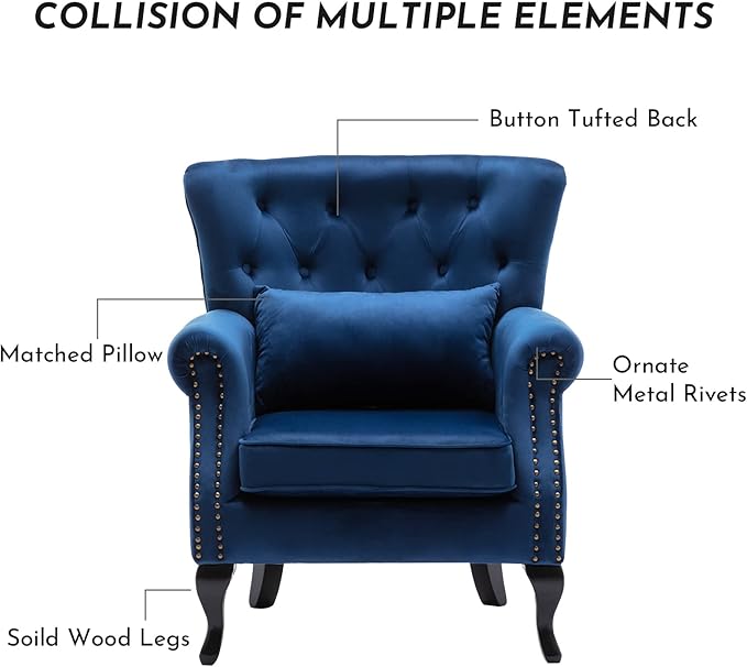 Accent Reading Arm Chairs Set of 2 for Living Room Bedroom Midcentury Modern Comfy Corner Sofa Chair Wingback Waiting Room Club Chair with Button Tufted Back &ampLumbar Pillow Velvet Blue