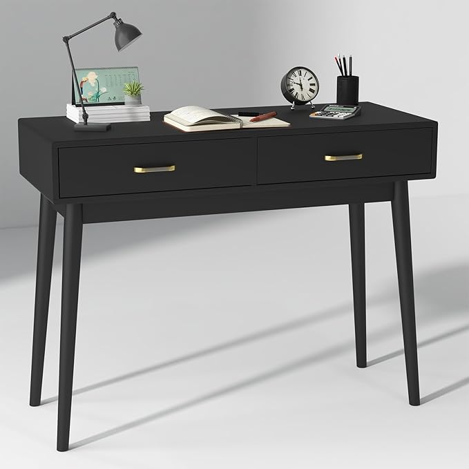 Black Small Writing Desk with Drawers 40 Inch Writing Desk for Home Office Vanity Desk with Solid Wood Leg for Small Spaces