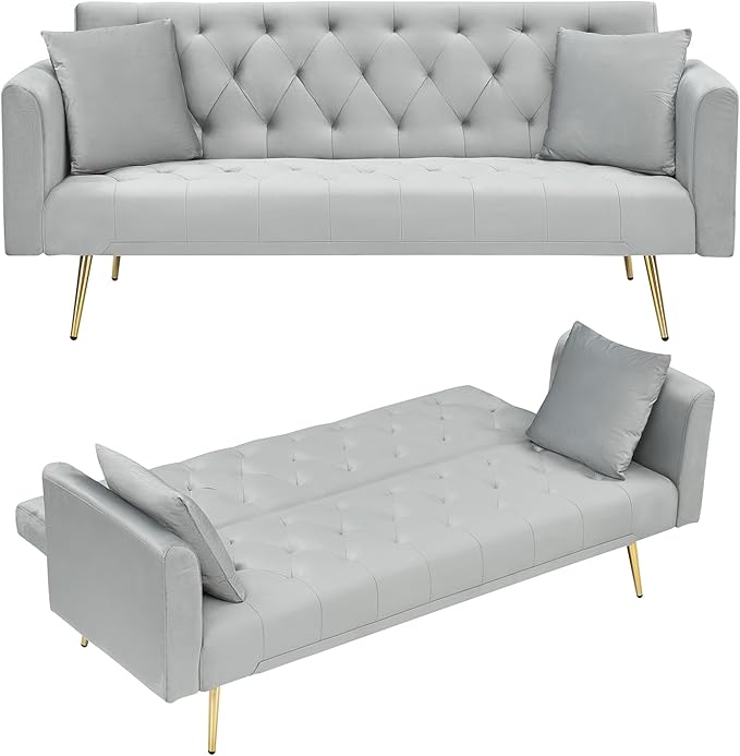 71Convertible Futon Sofa Bed - Modern Velvet Sleeper Couch with Adjustable Backrest Tufted Recliner with Golden Chrome Legs &amp 2 Pillows Perfect for Small Spaces Living Room &amp Apartment (Gr