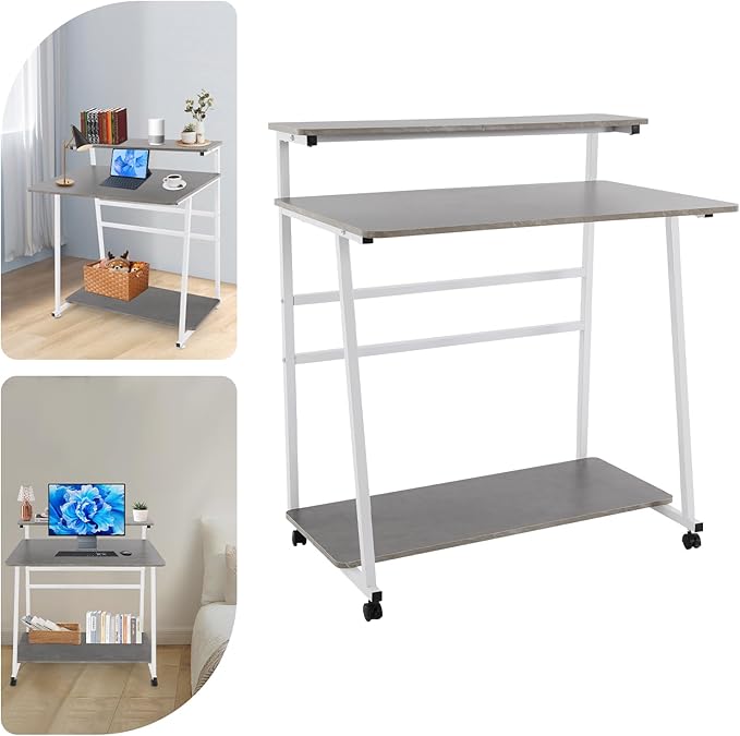 3 Tier Home Office Desk Adjustable Rolling Computer Desk with Wheels &amp Foot Pads for Home Office Study Apartment Dorms 31.5 Desktop (White Frame &amp Grey Board)