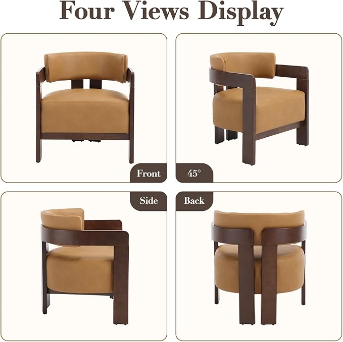 EALSON Barrel Accent Chair Modern Comfy Living Room Chair with Wooden Legs Mid Century Leather Upholstered Lounge Reading Armchair for Bedroom/Indoor Reading Nook/Corner/Office Brown