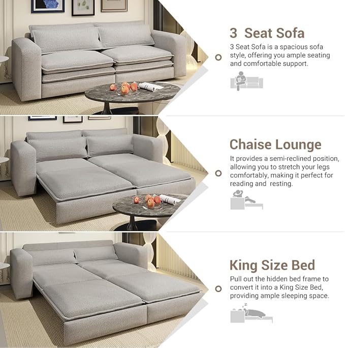 93 King Size Sofa Bed Couch with 2 Lumbar PillowsUpholstered Teddy Fabric3 in 1 Convertible Pull Out Sleeper Sofa for Living RoomApartmentOfficeStudies-Light Gray