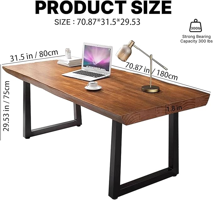 Modern Minimalist Solid Wood Office Desk with Metal Base Easy to Assemble Durable Writing Table Dining Table Computer Desk Multiple Ideal for Living Room and Dining Room (70.8inch)