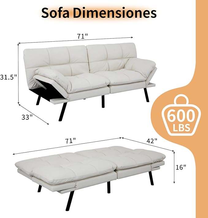 MUUEGM 71 Convertible Futon Sofa Bed Adjustable Backrest &amp Armrest Couch Comfortable Sleeper Loveseat with Faux Leather Ideal for Small Space Living Room Apartment Office White