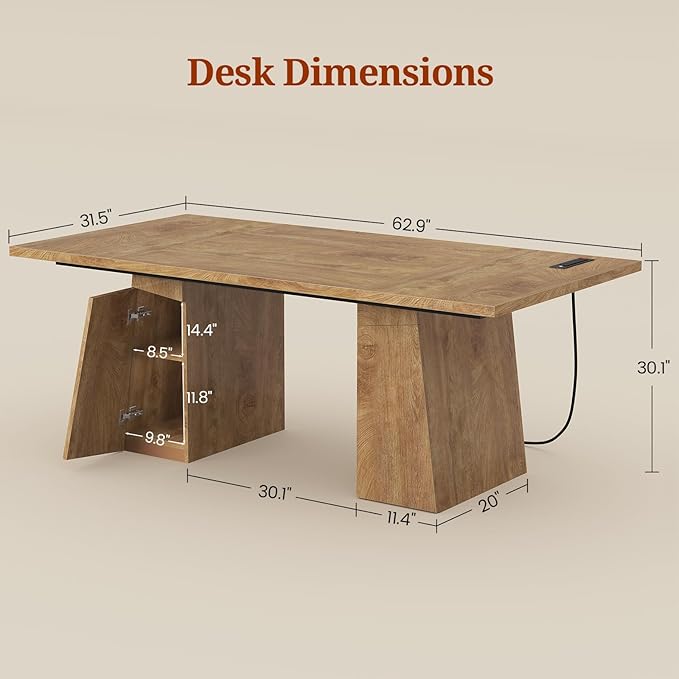 63 in Executive Desk with Power Outlets Modern Home Office Desk with Storage Cabinet Wood Computer Desk Business Workstation Desk Conference Table (Oak)