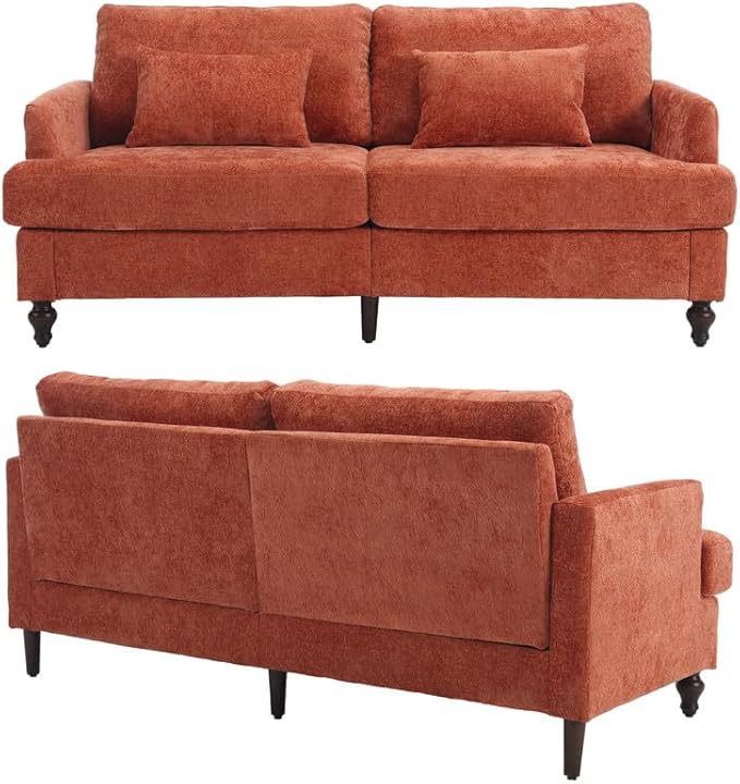 2 Pieces Sofa Couch Set for Living Room 68'' Mid Century Modern Loveseat and Accent Chair Set Chenille Sofa Comfy Cloud Couch with Deep Seats for Small Spaces Apartment Bedroom Orange