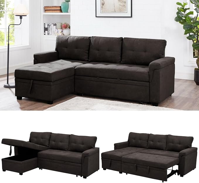 Naomi Home L Shaped Sectional Couch with Storage &amp Pull Out Bed – 3-in-1 Convertible Sleeper Sofa Bed Small L Shape Sofa for Living Room Sofa Bed with Storage Chaise in Espresso Velvet
