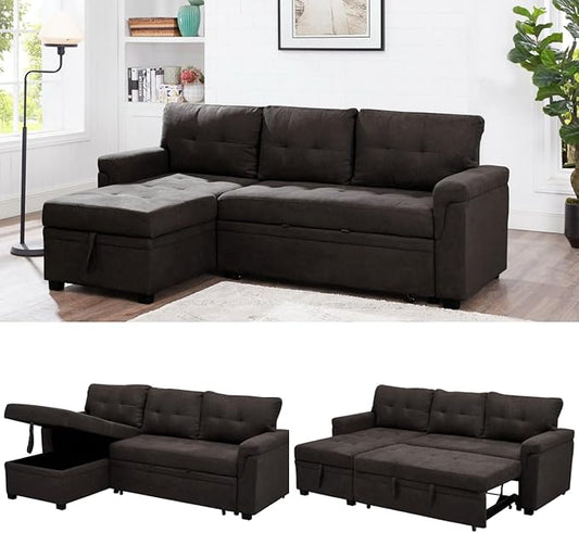 Naomi Home L Shaped Sectional Couch with Storage &amp Pull Out Bed – 3-in-1 Convertible Sleeper Sofa Bed Small L Shape Sofa for Living Room Sofa Bed with Storage Chaise in Espresso Velvet