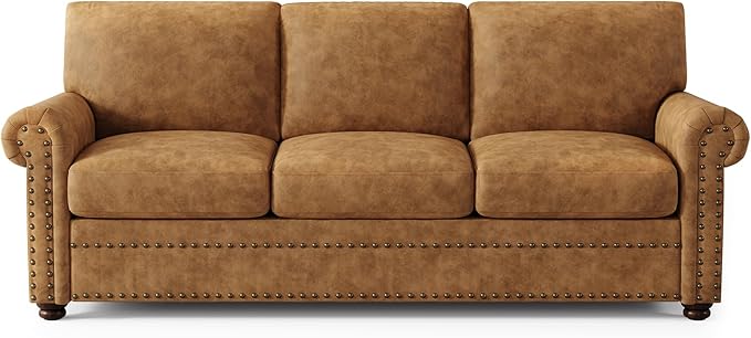 ONBRILL Faux Leather Sofa 84 Inches Nailhead Trim Couch for Living Room Mid-Century Modern Deep Seat Sofa with Rolled Arms Classic 3 Seater Couch for Apartment Office Caramel