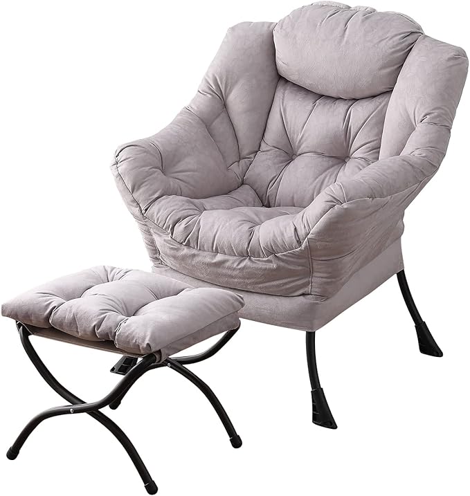 Welnow Lazy Chair with Ottoman Modern Accent Chair with Armrests and a Side Pocket Leisure Sofa Armchair Reading Armchair with Footrest for Small Space Light Grey