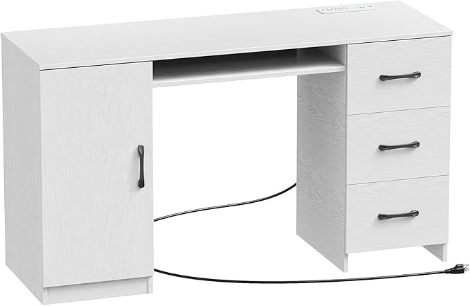 53 Inch Large Computer Desk Office Desk with Power Outlets &amp USB Charging Port Study Writing Table with Three Storage Drawers and one wooden Door Laptop PC Desk for Bedroom Study Room Office