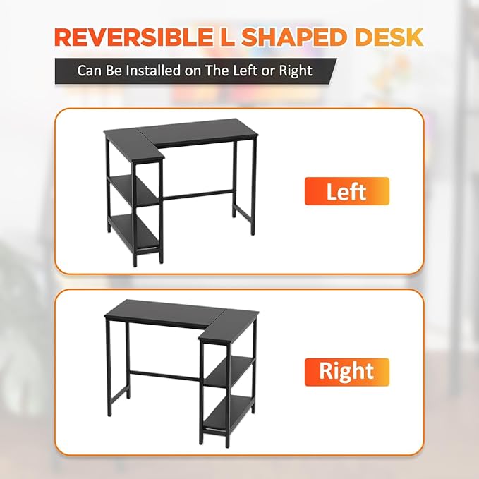 L Shaped Computer Desk 39 Inch Corner Desk with Reversible Storage Shelves Home Office Desk with Metal Frame Modern Simple Style for Home Office Living Room Bedroom Black