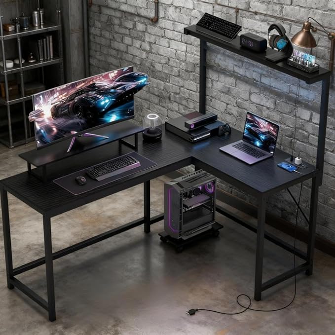 61.6'' L Shaped Gaming Desk with Power Outlets &amp LED Lights Reversible Computer Table with Monitor Stand and CPU Shelf Cornor Office Table PC Desk for Writing Study (Black)