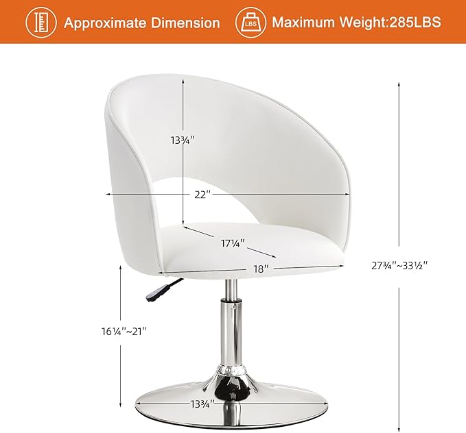 Furniliving Vanity Chair with Arm PU Leather Chair for Vanity Swivel Accent Chair Adjustable Height Makeup Chair with Chrome Base Living Room Chair for Bedroom Makeup Room Study Room IvoryWhite
