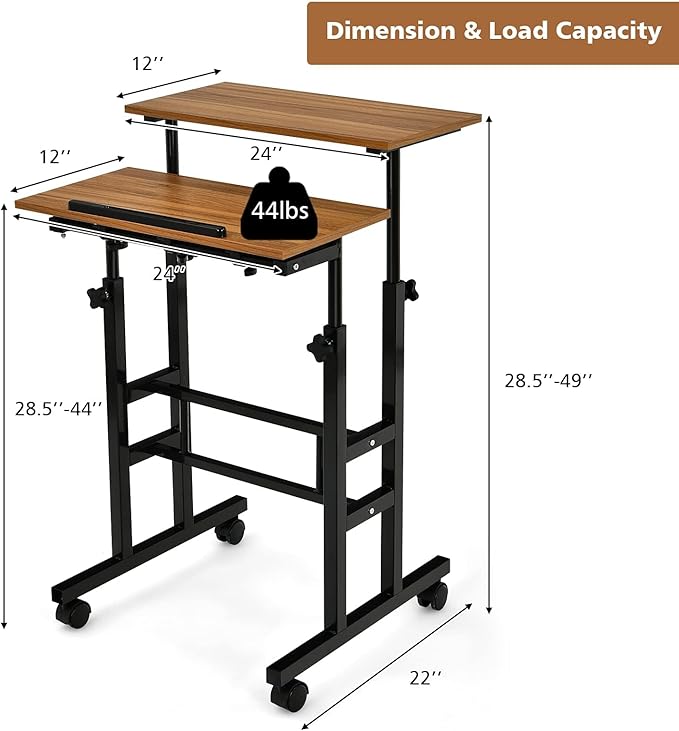 Standing Desk Height Adjustable Sit-Stand Desk with Tiltable Desk Top Rolling Laptop Stand &amp Workstation Mobile Stand up Computer Desk on Wheels for Small Spaces Home &amp Office (Coffee)