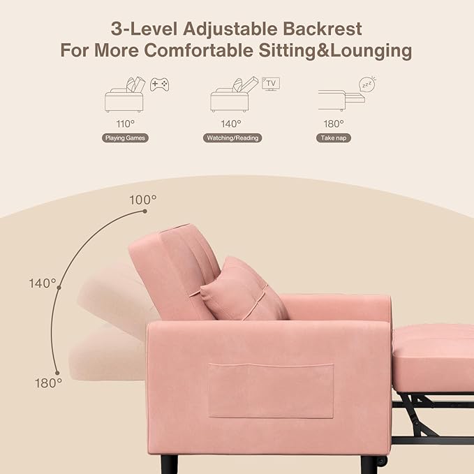 Aiho Convertible Sleeper Chair with Pillow &amp Pocket 3-in-1 Sofa Bed in Modern Linen Fabric for Apartment Pink