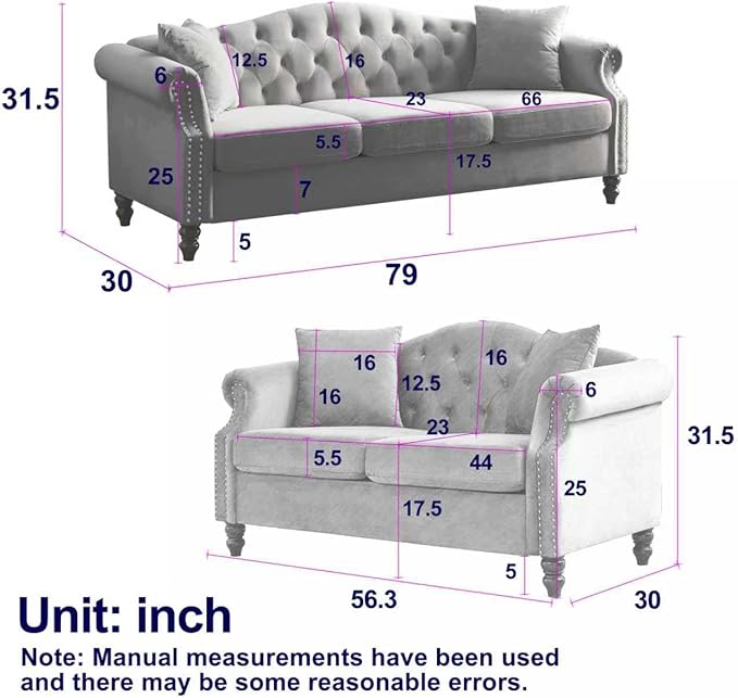 KEIKI 79 + 57 Chesterfield Sofa Retro Upholstered 3+2 Seater Velvet Couch with Rolled Arm and Nailhead for Living Room Bedroom Office Apartment Black