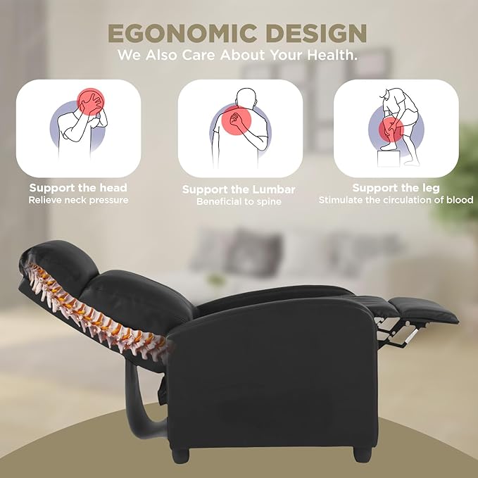 Recliner Chair for Adults Living Room Chairs Reading Chair with Pu Leather Padded Seat Backrest Modern Reclining Easy Lounge (Black)