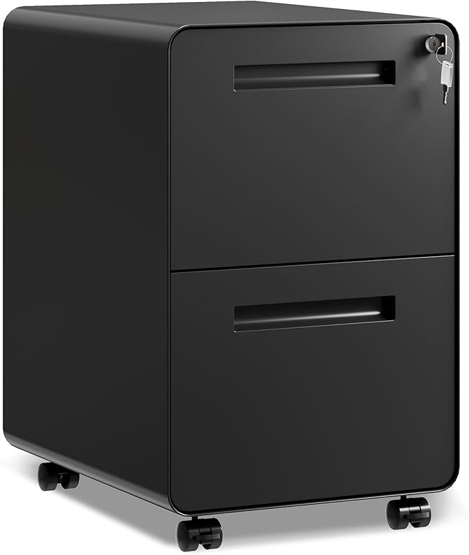 DEVAISE 2-Drawer Rounded Corner Metal File Cabinet with Lock Mobile Filing Cabinet Under Desk for Home Office Fully Assembled Printer Stand fits Letter/Legal Size Black 20 D x 15.8 W x 25 H