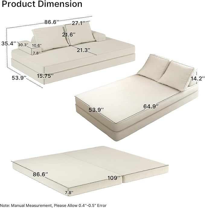 87 Folding Sofa Bed King Size Convertible Sleeper Sofa with Movable Backrest Foldable Futon Floor Couch Bed Chenille Boneless Couches for Living Room(White)