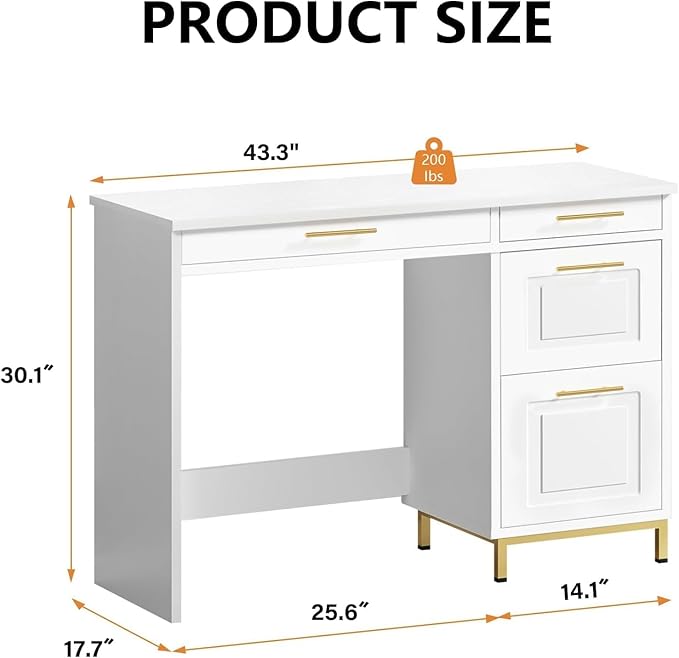 4 EVER WINNER White Desk with Drawers and Golden Handles 43 Home Office Desks with Drawers Computer Wrighting Table with Storage for Bedroom White and Gold Desk