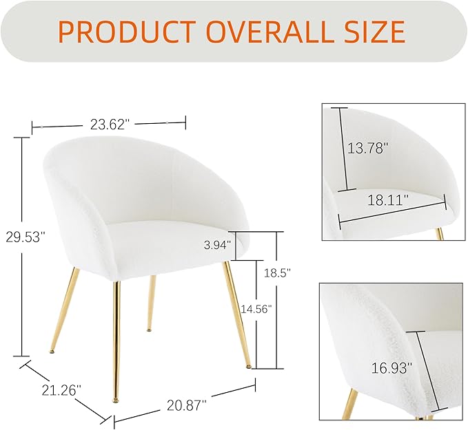 Modern Vanity Chair Living Room Chair with Gold Metal LegsTeddy Fabric Dining Chair Comfy Accent Chair for Makeup Room Waiting Room Dressing Room Bedroom Dining Room Home Office (White 2PCS)