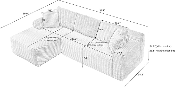 Cloud Sectional Couch 105 Inch Modular Sectional Sofa with Deep Seat Corduroy Boneless Couches with L-Shape Chaise for Living Room Bedroom Left Facing Chaise No Assembly Required (Black)