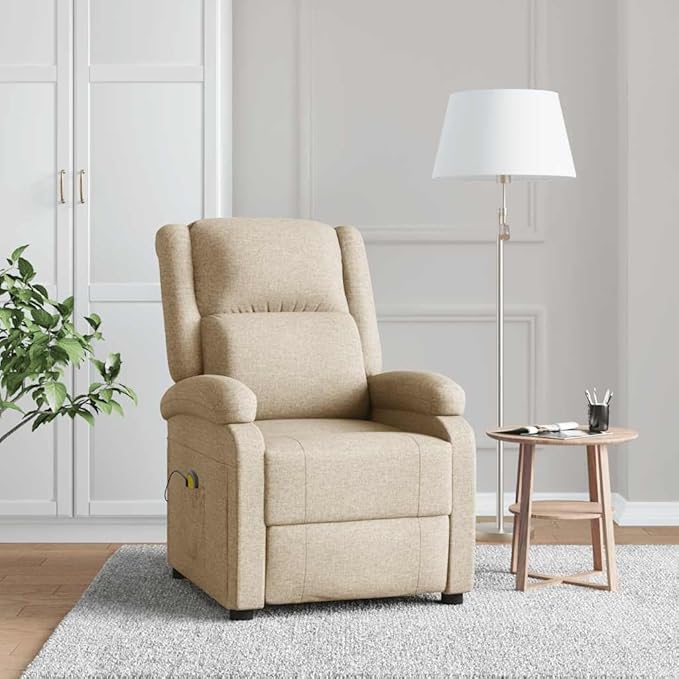 Cream Fabric Massage Recliner Chair Modern Single Seater for Living Room &amp Home Office Manual Adjustable Full Body Relaxation USB Powered Electric Tissue Massager 36.6x27.6x38.6 Inch