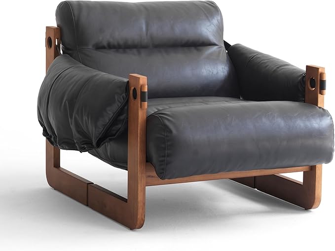 Vintage Solid Wood Frame Lounge Chair with Resilient Silk-Cotton Fill &amp Ergonomic Support for Living Spaces (Black one Chair)