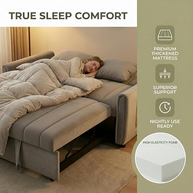 Convertible Velvet Sofa Bed with Pull-Out Bed &amp Side Storage Pockets Modern Sleeper Sofa for Living Room Apartment Small Spaces and Bedroom (Grey-2)