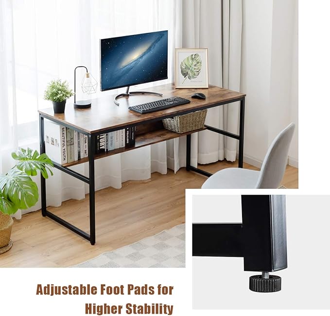 DORTALA 55 Industrial Computer Desk Contemporary Writing Table w/Storage Shelf Large Tabletop Sturdy Metal Structure Adjustable Foot Pads