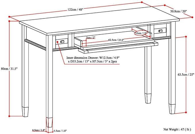 SIMPLIHOME Warm Shaker Desk - 48 Inch Wide Solid Wood Writing Desk in Hickory Brown Transitional Home Office Computer Table for Workspace or Study with Flip-Down Keyboard Tray and 2 Drawers
