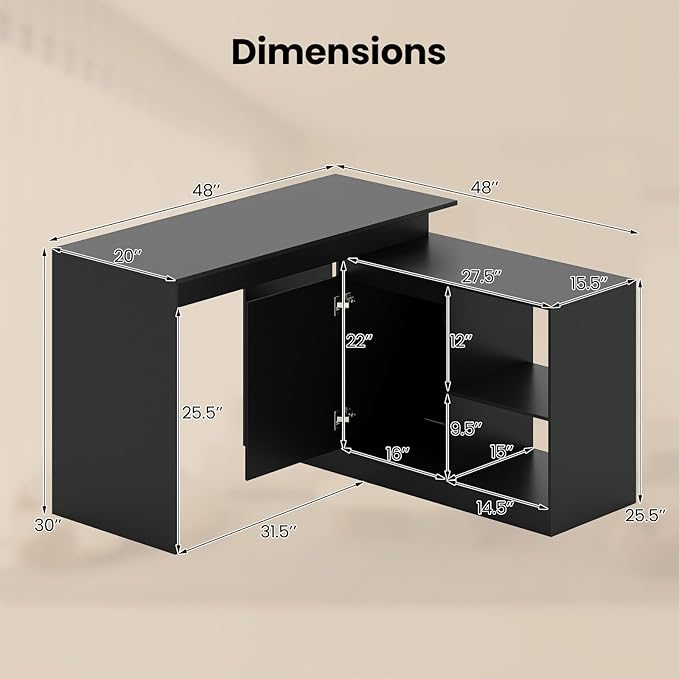 Tangkula L-Shaped Computer Desk 48 Reversible Corner Writing Desk with 2-Way Cabinet &amp 4 Storage Compartments Modern Executive Desk Laptop Workstation for Home Office (Black)