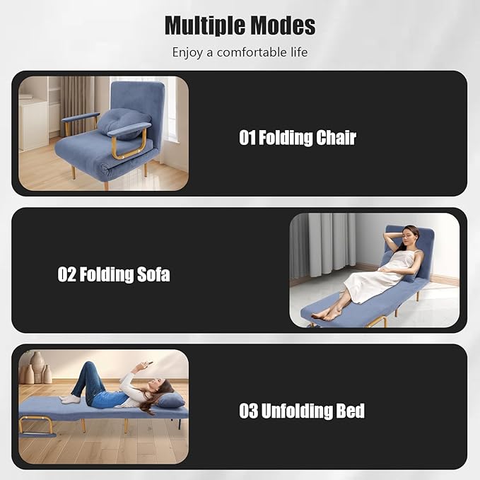 Convertible Sleeper Sofa Bed 3 in 1 Multi-Functional Sofa Chair Bed with 5 Position Adjustable Backrest Folding Sofa Bed Floor Single Chairs Fold Out Chair Beds for Living Room (Grey)
