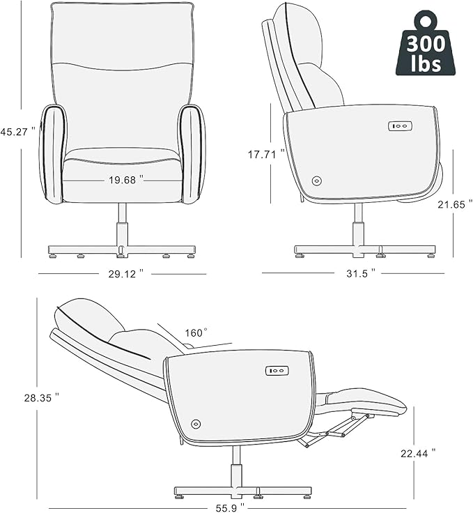 Power Swivel Recliner Chair Modern Electric with USB &amp Type-C Ports Upholstered Velvet Swivel Recliner Chair 360° Swivel for Office &amp Living Room Easy Assembly (Coffee)