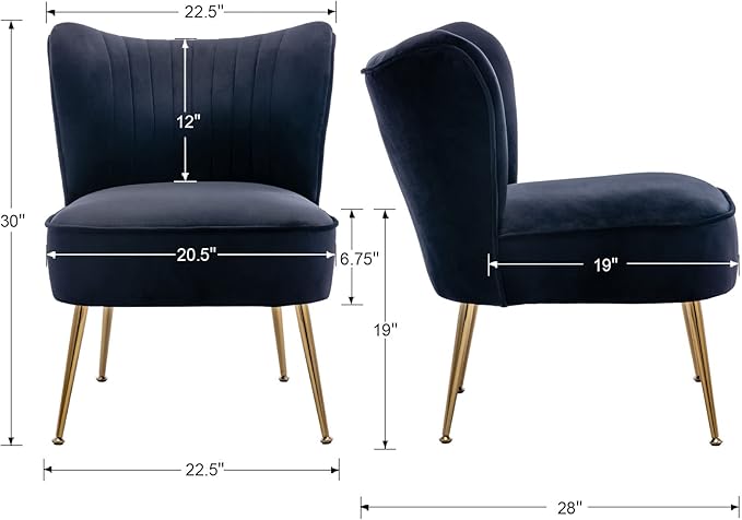 Black Velvet Accent Chairs Set of 2 with Golden Legs Upholstered Side Chairs Mid-Century Modern Slipper Chairs for Guest Room Comfy Armless Wingback Corner Single Sofa Living Room Chairs