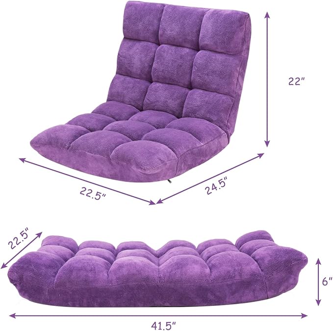 KOMFOTT 14-Position Adjustable Padded Gaming Sofa Chair with Back Support - Folding Lazy Lounge Meditation Reading Living Room and Video Gaming Chair in Purple