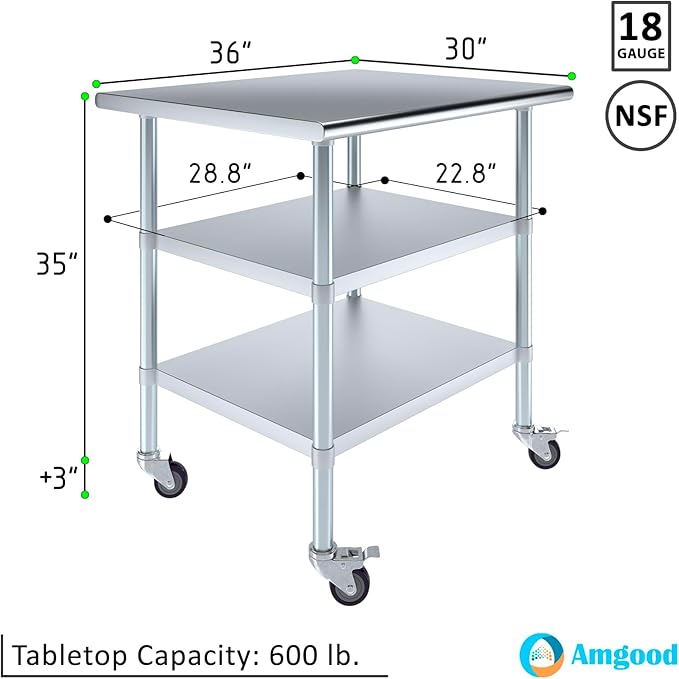 AmGood Stainless Steel Work Table with 2 Shelves and Casters | Metal Utility Table On Wheels (Stainless Steel Work Table with 2 Shelves + Casters 36 Long x 30 Deep)