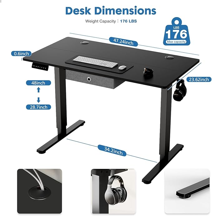Electric Standing Desk with Drawer - 48 x 24 inch Adjustable Height Sit to Stand Up Desk with Splice Board Rising Home Office Computer Table with 2 Hook and Wire Hole for Work Study or Gaming