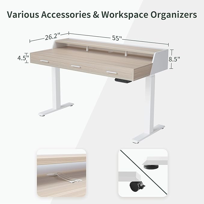 CubiCubi Standing Desk 55x26 Inches with 3 Wood Drawers and Monitor Shelf Ergonomic Rising Home Office Desks Height Adjustable Computer Desk Sit Stand Up Electric Workstation Table Pale Walnut