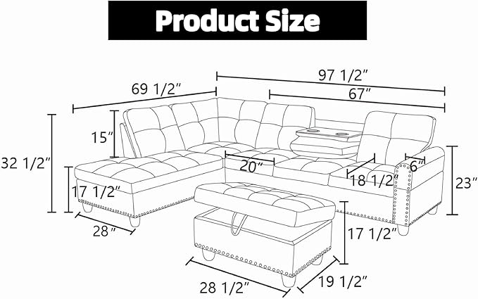 Sectional Couches for Living Room with Ottoman Modern Leather 4 Seat L Shaped Couch with Cup Holder Living Room Furniture Sets for Office Bedroom White