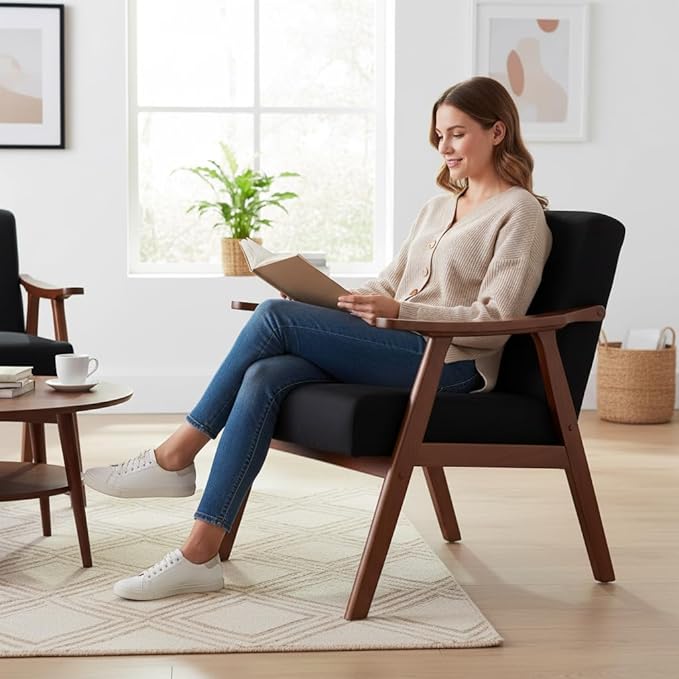 Mid-Century Modern Accent Chair with Wooden Frame High-Density Sponge Cushion 300 lbs Capacity Living Room Bedroom Office Chair 26x31.1x32.3 Inches (Leather Black)